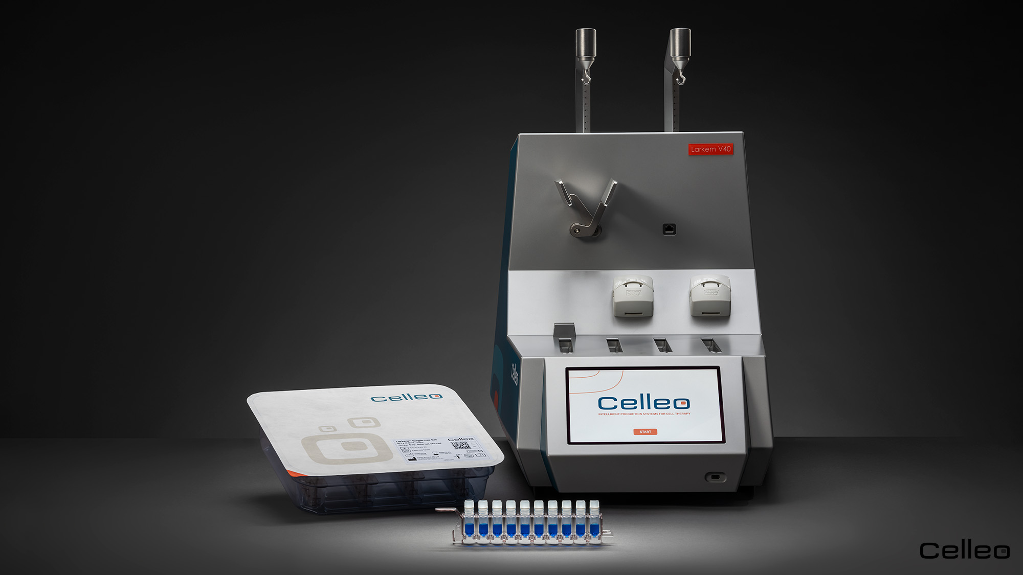 Larkem V40 with its single-use consumable and finished vials